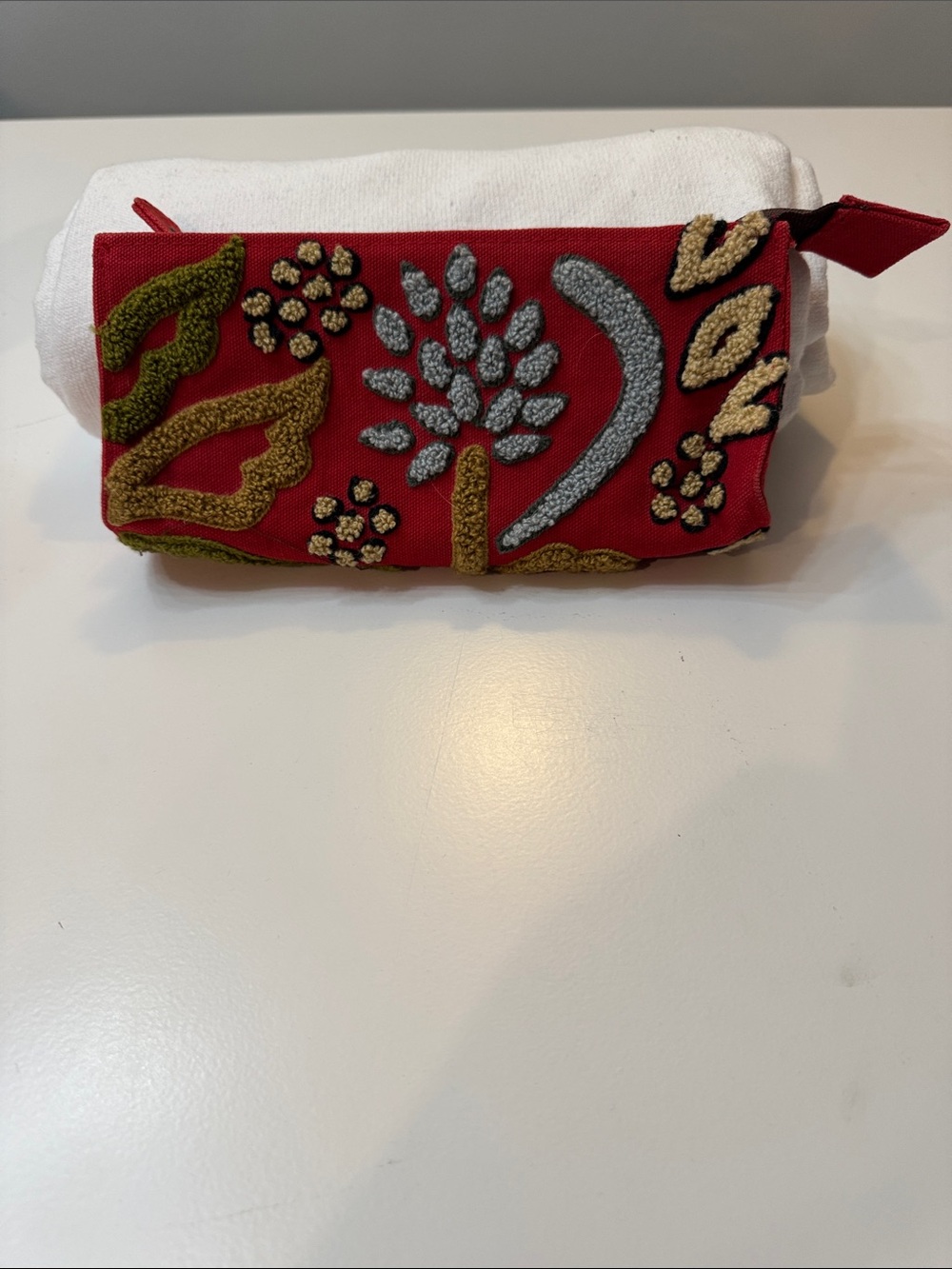 Embroidered Red Floral Cosmetic Pouch
